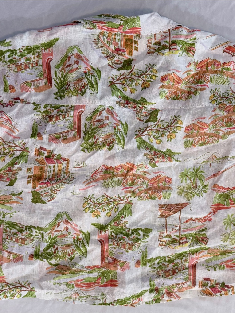 Cynthia Rowley Linen Button Up Collared Short Sleeve Scenic Tropical Blouse XL